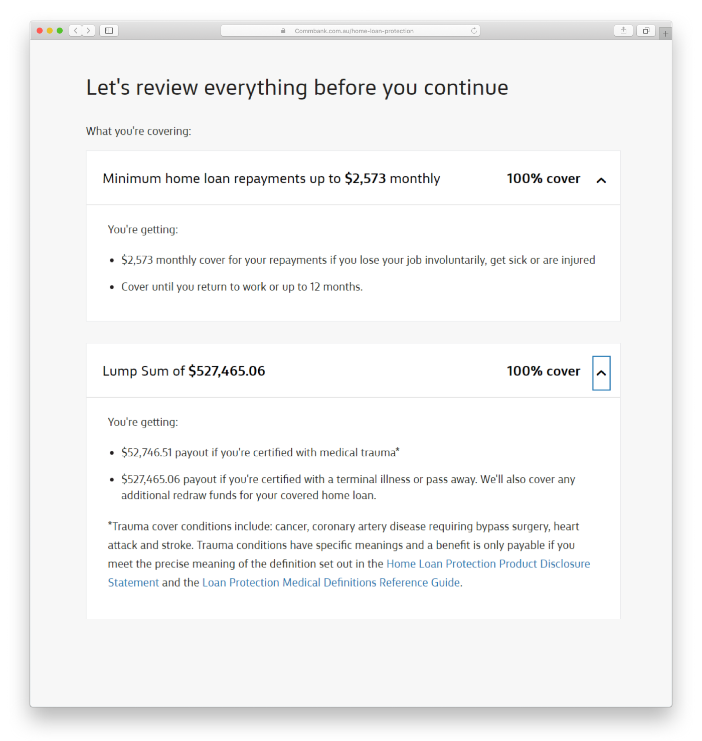 A review screen with cover and dollar summaries